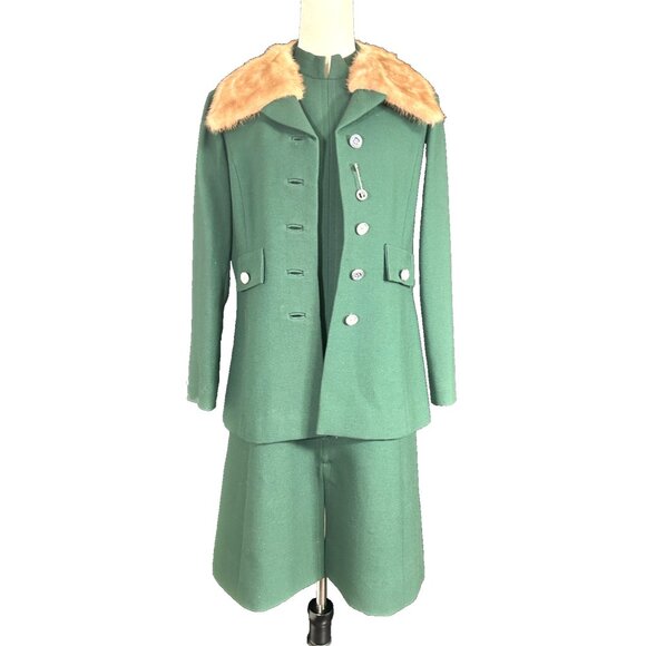 Vintage Flemington Furs 60s Green Wool Mod Dress Suit Fur Collar Classy Classic - Picture 1 of 16